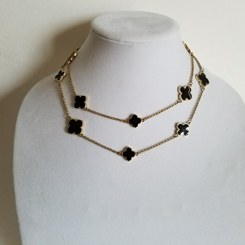 Brand New Gold Plated Necklace,Black Enamel Clover